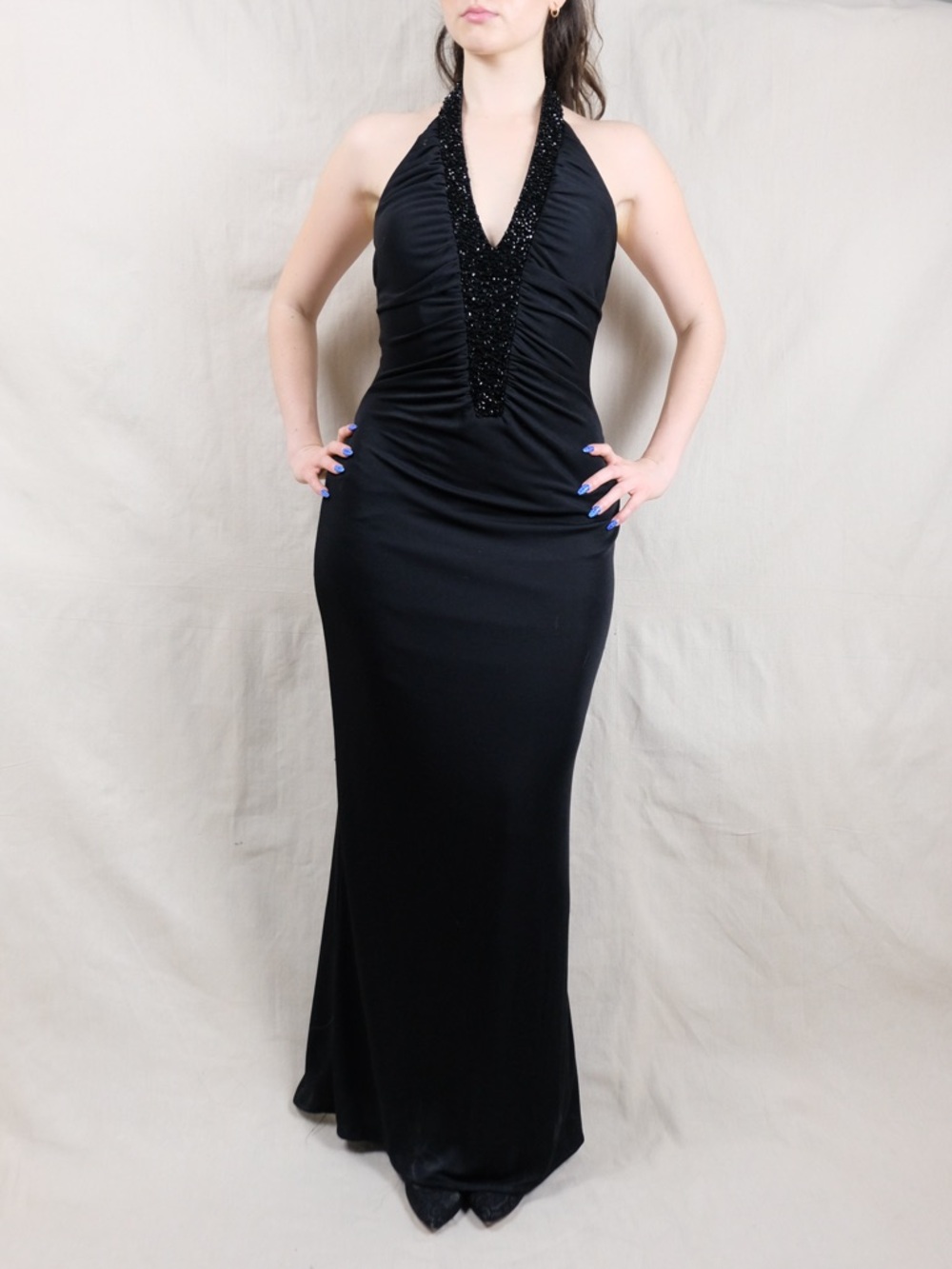 JS Boutique Black Beaded Halter Maxi Dress
